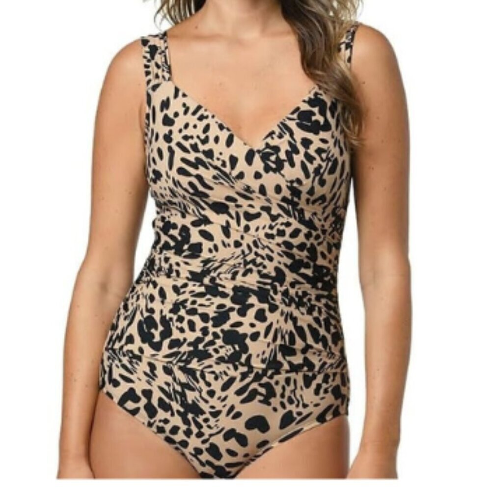 NWT Jantzen Women's Leopand Animal Print Surplice UPF 50 One Piece Swimsuit Sz 8